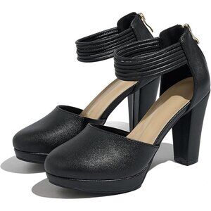 Women's Black Closed Toe Stylish Pumps Platform Heels Ankle Strap Dress Shoes